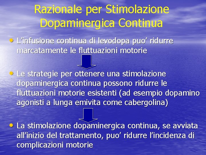 Razionale per Stimolazione Dopaminergica Continua • L’infusione continua di levodopa puo’ ridurre marcatamente le