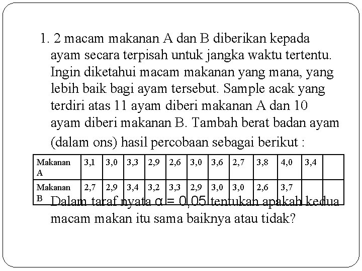 1. 2 macam makanan A dan B diberikan kepada ayam secara terpisah untuk jangka