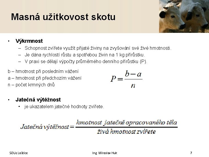 Masná užitkovost skotu • Výkrmnost – Schopnost zvířete využít přijaté živiny na zvyšování své