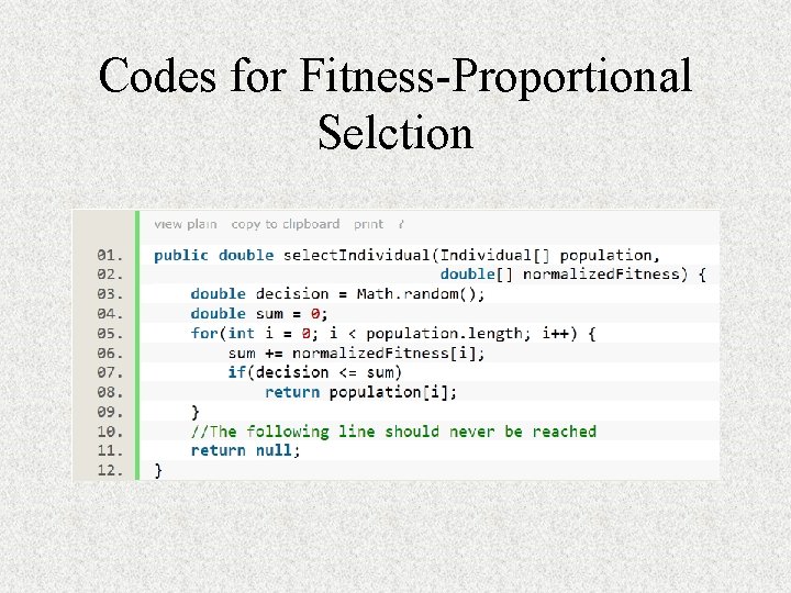 Codes for Fitness-Proportional Selction 