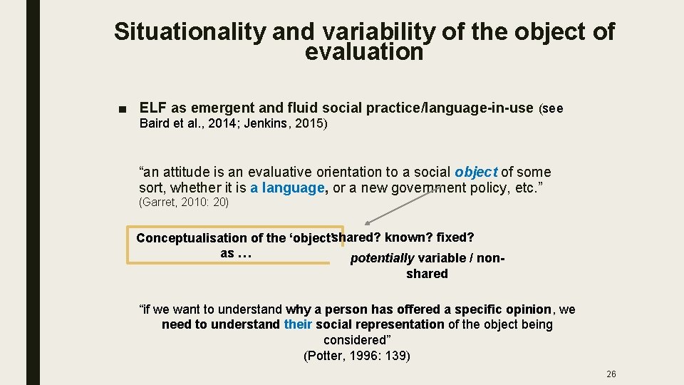 Situationality and variability of the object of evaluation ■ ELF as emergent and fluid