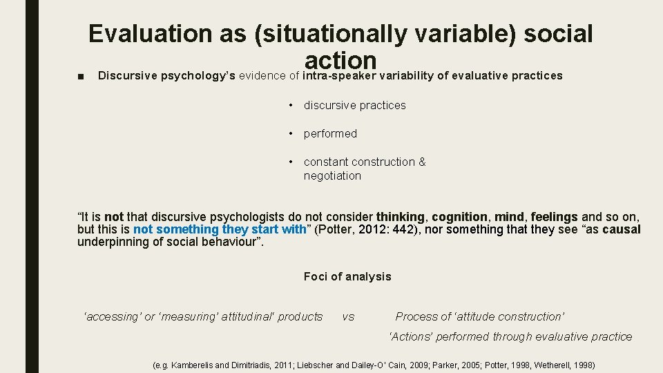 Evaluation as (situationally variable) social action ■ Discursive psychology’s evidence of intra-speaker variability of