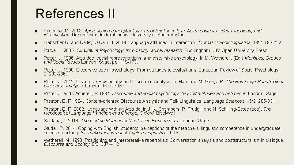 References II ■ Kitazawa, M. 2013. Approaching conceptualisations of English in East Asian contexts