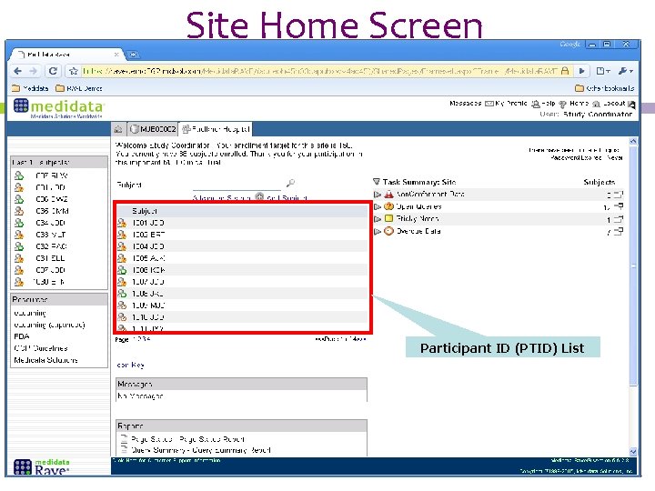 Site Home Screen Participant ID (PTID) List 