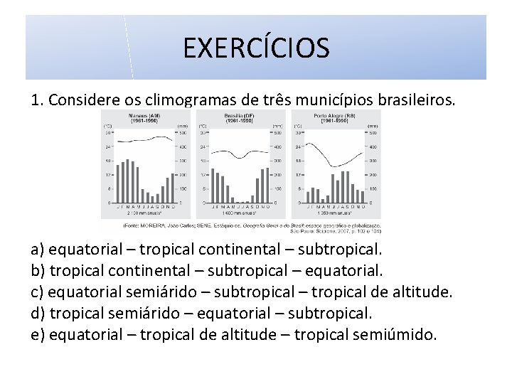 EXERCÍCIOS 1. Considere os climogramas de três municípios brasileiros. a) equatorial – tropical continental