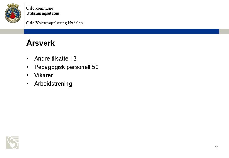 Oslo kommune Utdanningsetaten Oslo Voksenopplæring Nydalen Årsverk • • Andre tilsatte 13 Pedagogisk personell