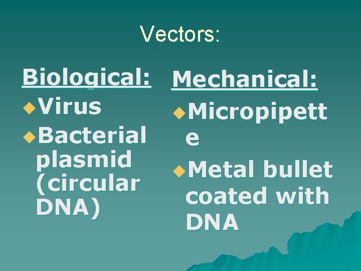 Vectors: Biological: Mechanical: u. Virus u. Micropipett u. Bacterial e plasmid u. Metal bullet Vectors: Biological: Mechanical: u. Virus u. Micropipett u. Bacterial e plasmid u. Metal bullet