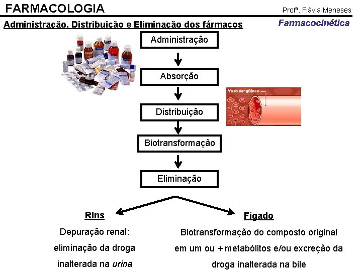FARMACOLOGIA Profª. Flávia Meneses Farmacocinética Administração, Distribuição e Eliminação dos fármacos Administração Absorção Distribuição