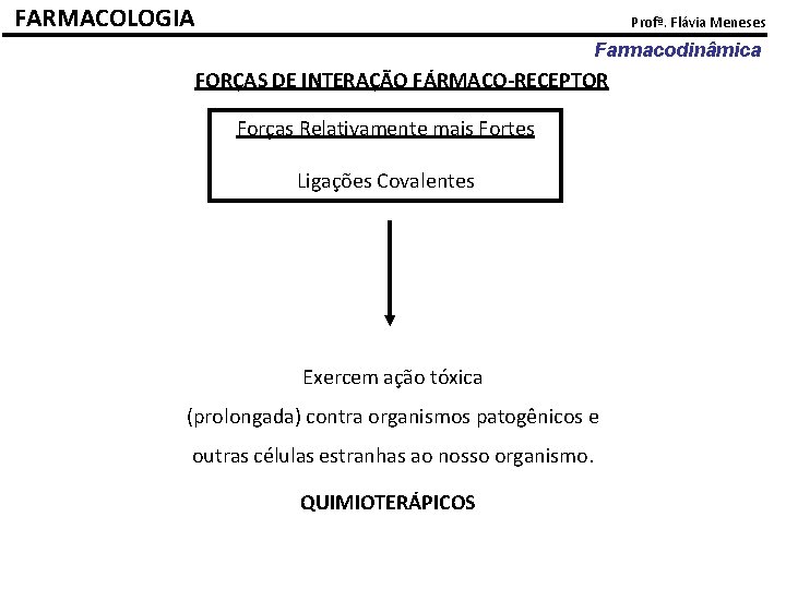 FARMACOLOGIA Profª. Flávia Meneses Farmacodinâmica FORÇAS DE INTERAÇÃO FÁRMACO-RECEPTOR Forças Relativamente mais Fortes Ligações