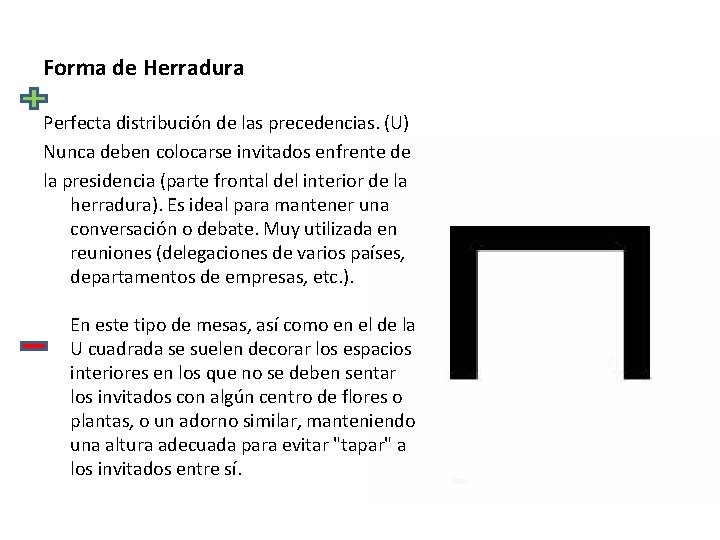Forma de Herradura Perfecta distribución de las precedencias. (U) Nunca deben colocarse invitados enfrente