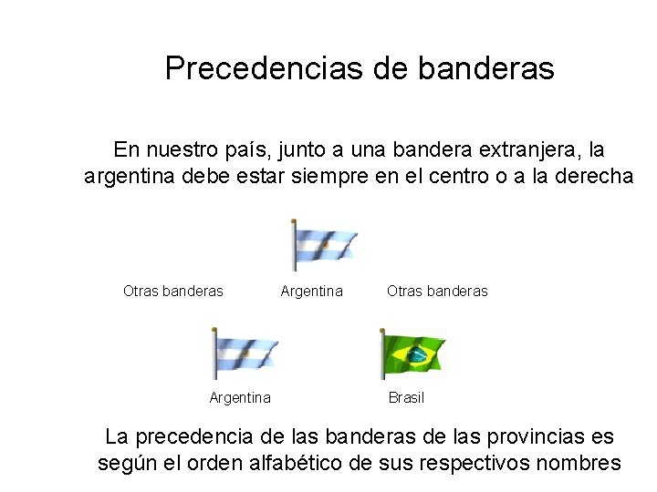 Precedencias de banderas En nuestro país, junto a una bandera extranjera, la argentina debe