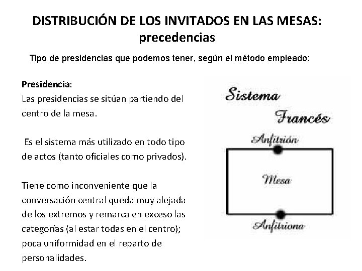 DISTRIBUCIÓN DE LOS INVITADOS EN LAS MESAS: precedencias Tipo de presidencias que podemos tener,