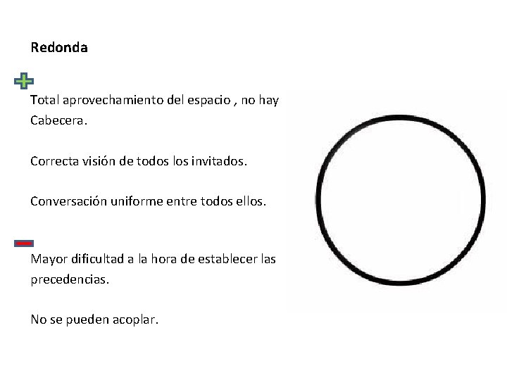Redonda Total aprovechamiento del espacio , no hay Cabecera. Correcta visión de todos los