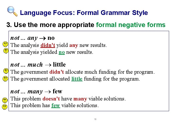 Language Focus: Formal Grammar Style 3. Use the more appropriate formal negative forms not.