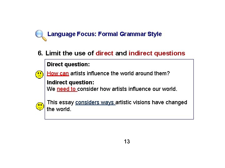Language Focus: Formal Grammar Style 6. Limit the use of direct and indirect questions