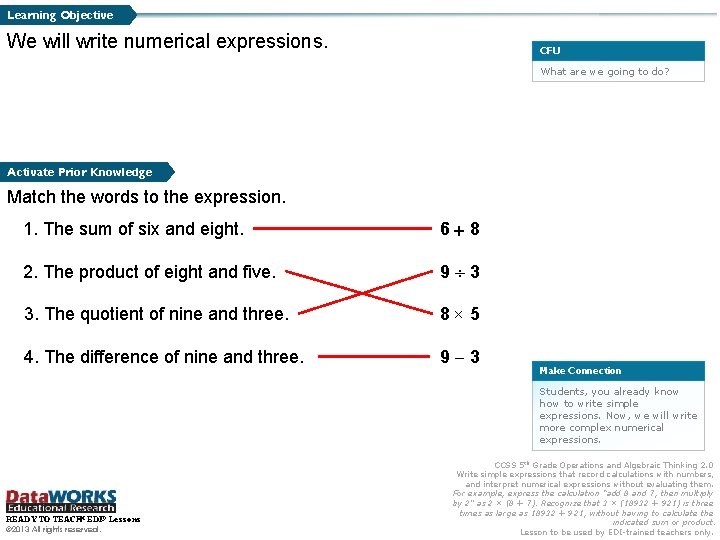 Learning Objective We will write numerical expressions. CFU What are we going to do?