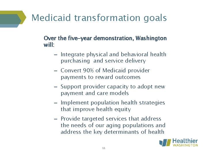 Medicaid transformation goals Over the five-year demonstration, Washington will: – Integrate physical and behavioral