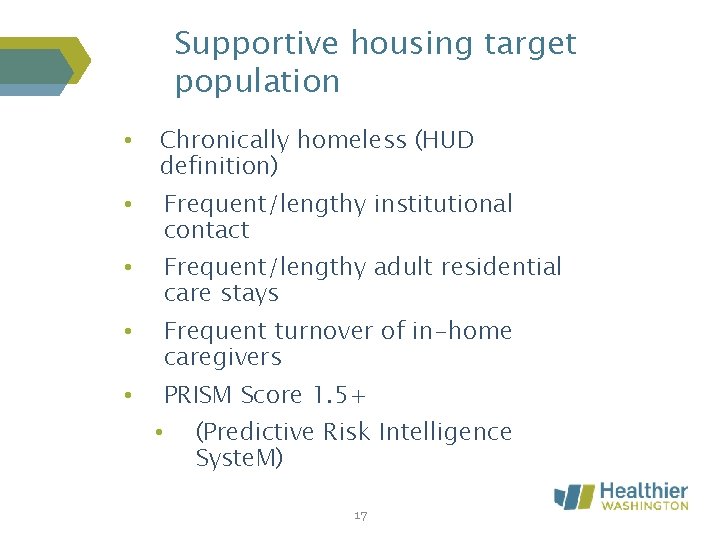 Supportive housing target population • Chronically homeless (HUD definition) • Frequent/lengthy institutional contact •