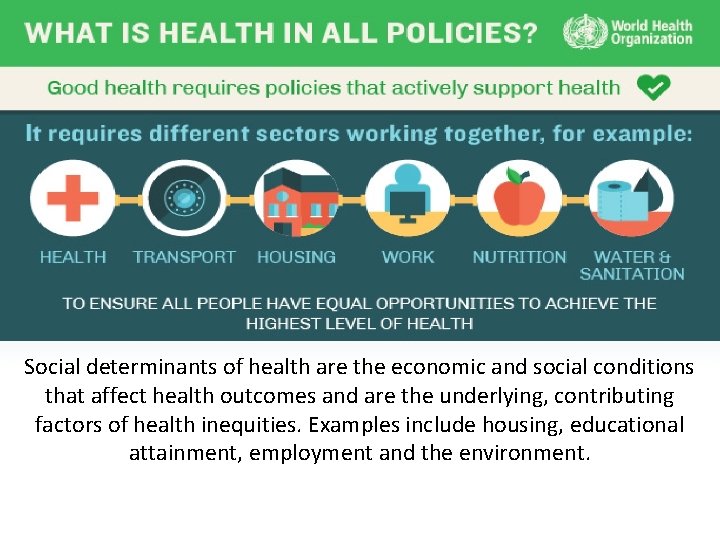 Social determinants of health are the economic and social conditions that affect health outcomes