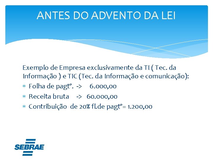 ANTES DO ADVENTO DA LEI Exemplo de Empresa exclusivamente da TI ( Tec. da