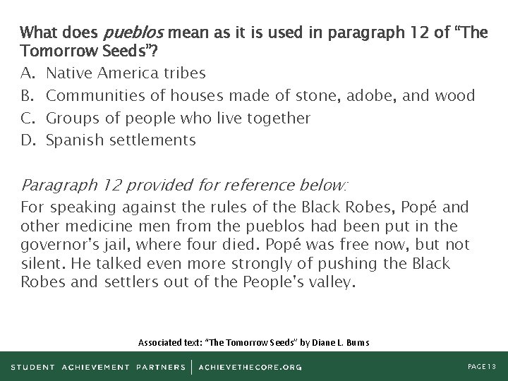 What does pueblos mean as it is used in paragraph 12 of “The Tomorrow