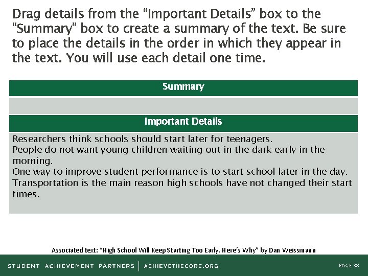 Drag details from the “Important Details” box to the “Summary” box to create a