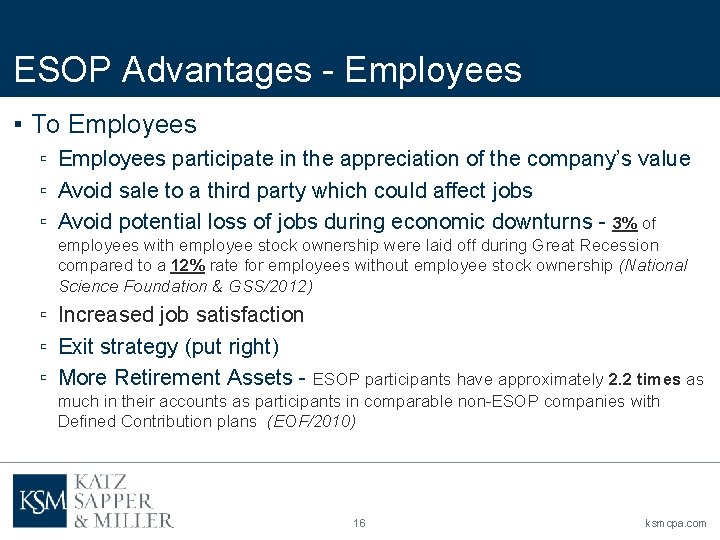 ESOP Advantages - Employees ▪ To Employees ▫ Employees participate in the appreciation of