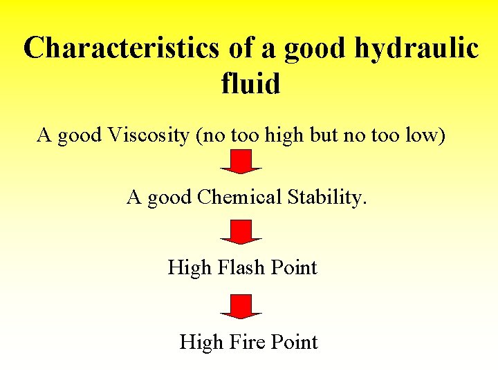 Characteristics of a good hydraulic fluid A good Viscosity (no too high but no