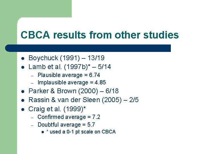 CBCA results from other studies l l Boychuck (1991) – 13/19 Lamb et al. CBCA results from other studies l l Boychuck (1991) – 13/19 Lamb et al.