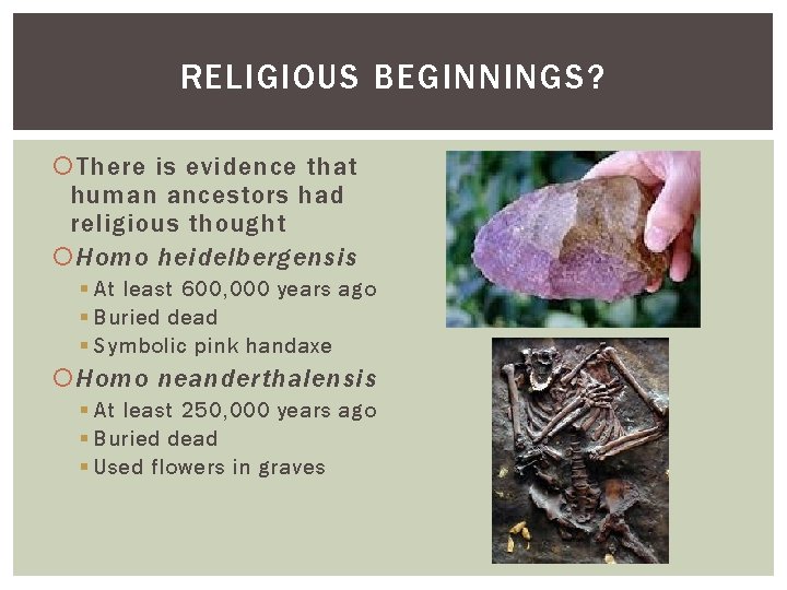 RELIGIOUS BEGINNINGS? There is evidence that human ancestors had religious thought Homo heidelbergensis § RELIGIOUS BEGINNINGS? There is evidence that human ancestors had religious thought Homo heidelbergensis §