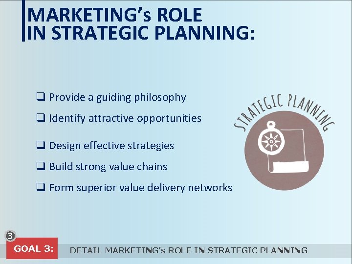 MARKETING’s ROLE IN STRATEGIC PLANNING: q Provide a guiding philosophy q Identify attractive opportunities