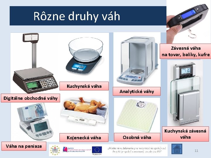 Rôzne druhy váh Závesná váha na tovar, balíky, kufre Kuchynská váha Analytické váhy Digitálne