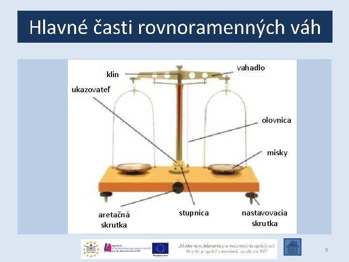 Hlavné časti rovnoramenných váh vahadlo klin ukazovateľ olovnica misky aretačná skrutka stupnica nastavovacia skrutka