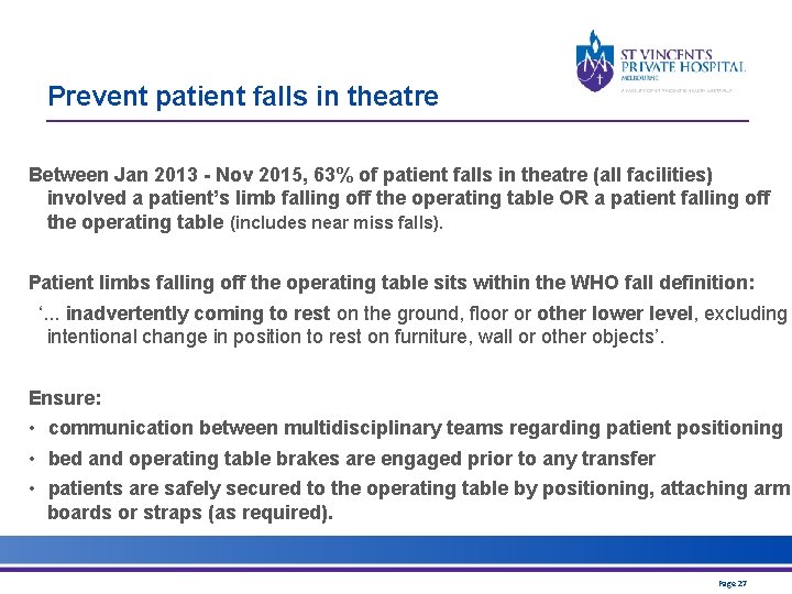 Prevent patient falls in theatre Between Jan 2013 - Nov 2015, 63% of patient