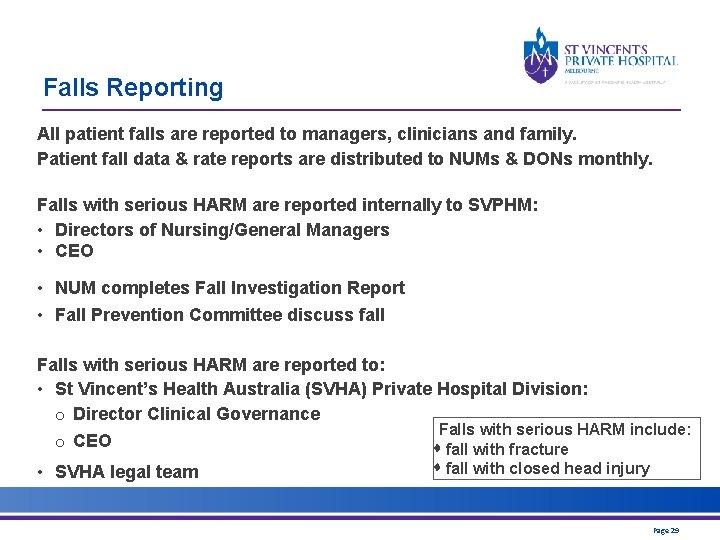 Falls Reporting All patient falls are reported to managers, clinicians and family. Patient fall