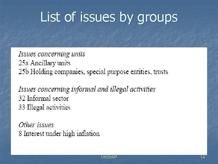List of issues by groups UNSIAP 14 