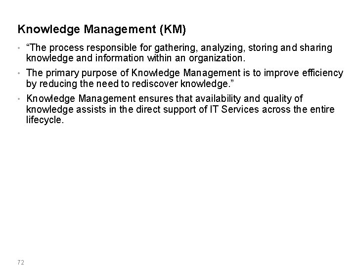 Knowledge Management (KM) “The process responsible for gathering, analyzing, storing and sharing knowledge and