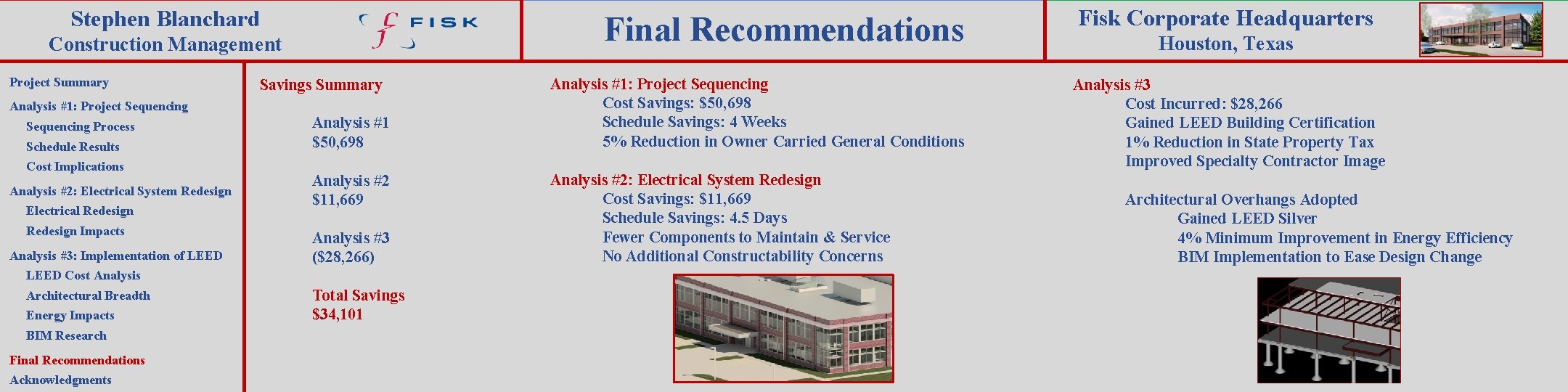 Stephen Blanchard Final Recommendations Construction Management Project Summary Savings Summary Analysis #1: Project Sequencing