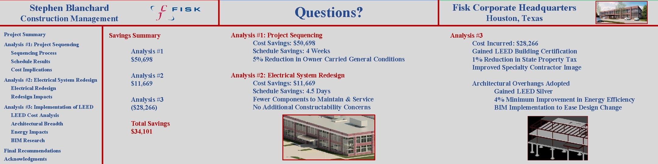 Stephen Blanchard Questions? Construction Management Project Summary Savings Summary Analysis #1: Project Sequencing Process