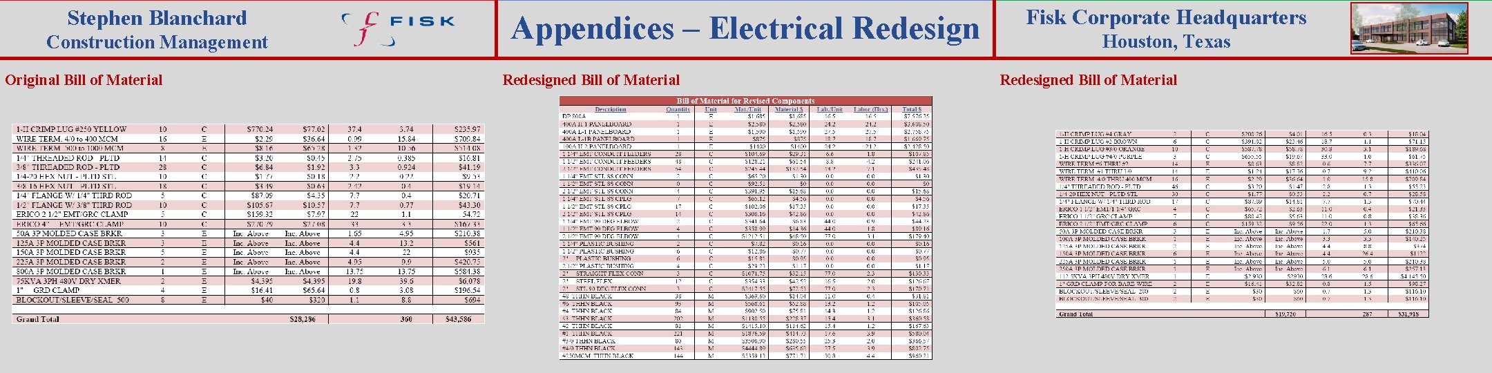 Stephen Blanchard Construction Management Original Bill of Material Appendices – Electrical Redesigned Bill of