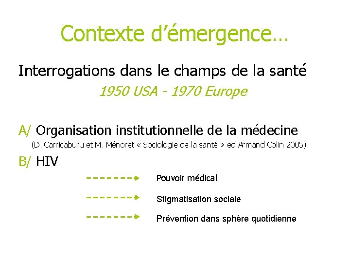 Contexte d’émergence… Interrogations dans le champs de la santé 1950 USA - 1970 Europe