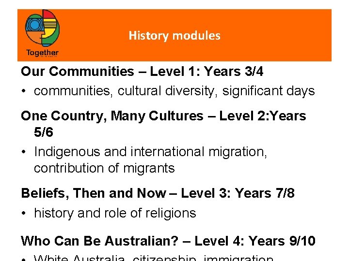 History modules Our Communities – Level 1: Years 3/4 • communities, cultural diversity, significant