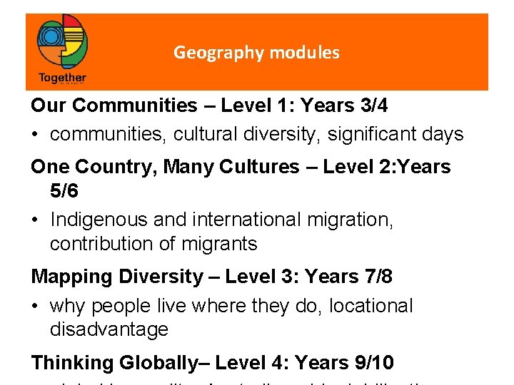 Geography modules Our Communities – Level 1: Years 3/4 • communities, cultural diversity, significant