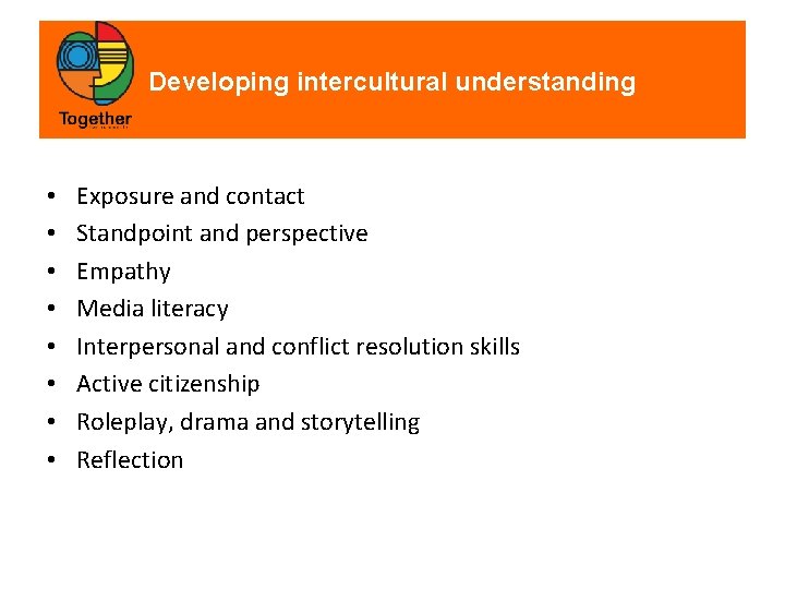 Developing intercultural understanding • • Exposure and contact Standpoint and perspective Empathy Media literacy