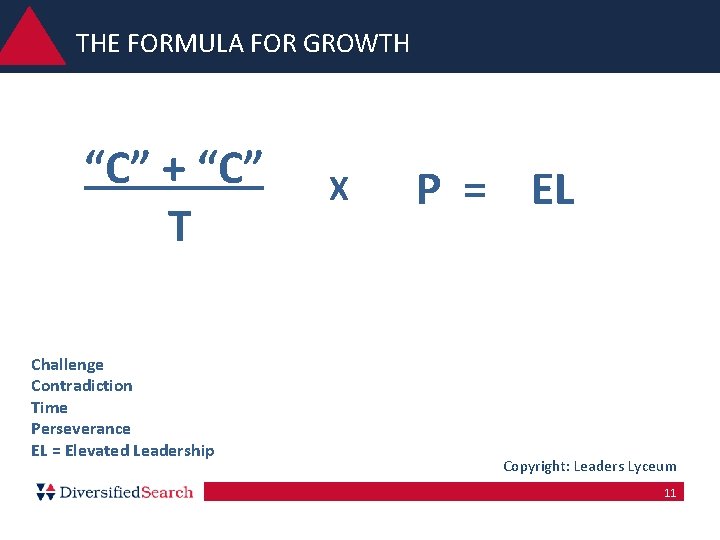 THE FORMULA FOR GROWTH “C” + “C” T Challenge Contradiction Time Perseverance EL = THE FORMULA FOR GROWTH “C” + “C” T Challenge Contradiction Time Perseverance EL =
