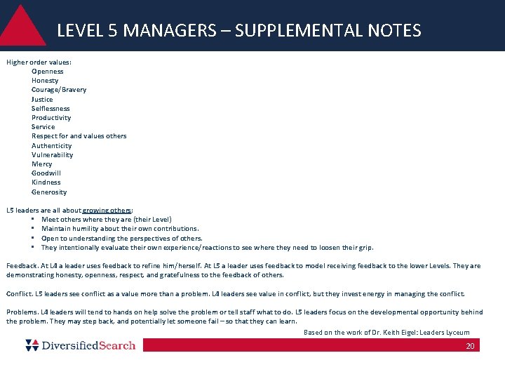 LEVEL 5 MANAGERS – SUPPLEMENTAL NOTES Higher order values: Openness Honesty Courage/Bravery Justice Selflessness LEVEL 5 MANAGERS – SUPPLEMENTAL NOTES Higher order values: Openness Honesty Courage/Bravery Justice Selflessness