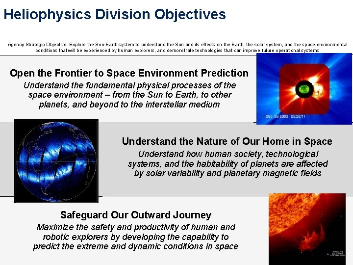 Heliophysics Division Objectives Agency Strategic Objective: Explore the Sun-Earth system to understand the Sun
