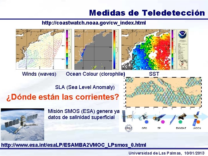 Medidas de Teledetección http: //coastwatch. noaa. gov/cw_index. html Winds (waves) Ocean Colour (clorophile) SST
