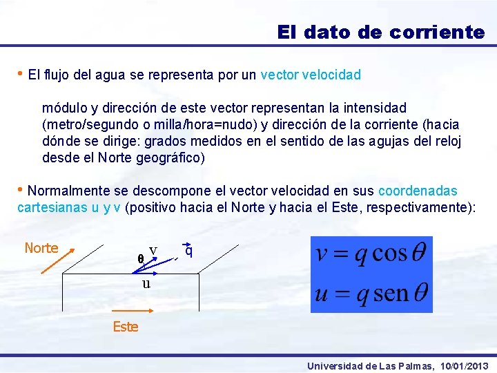 El dato de corriente • El flujo del agua se representa por un vector