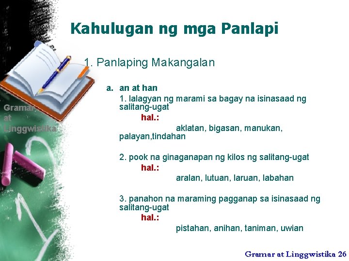 Kahulugan ng mga Panlapi 1. Panlaping Makangalan Gramar at Linggwistika a. an at han